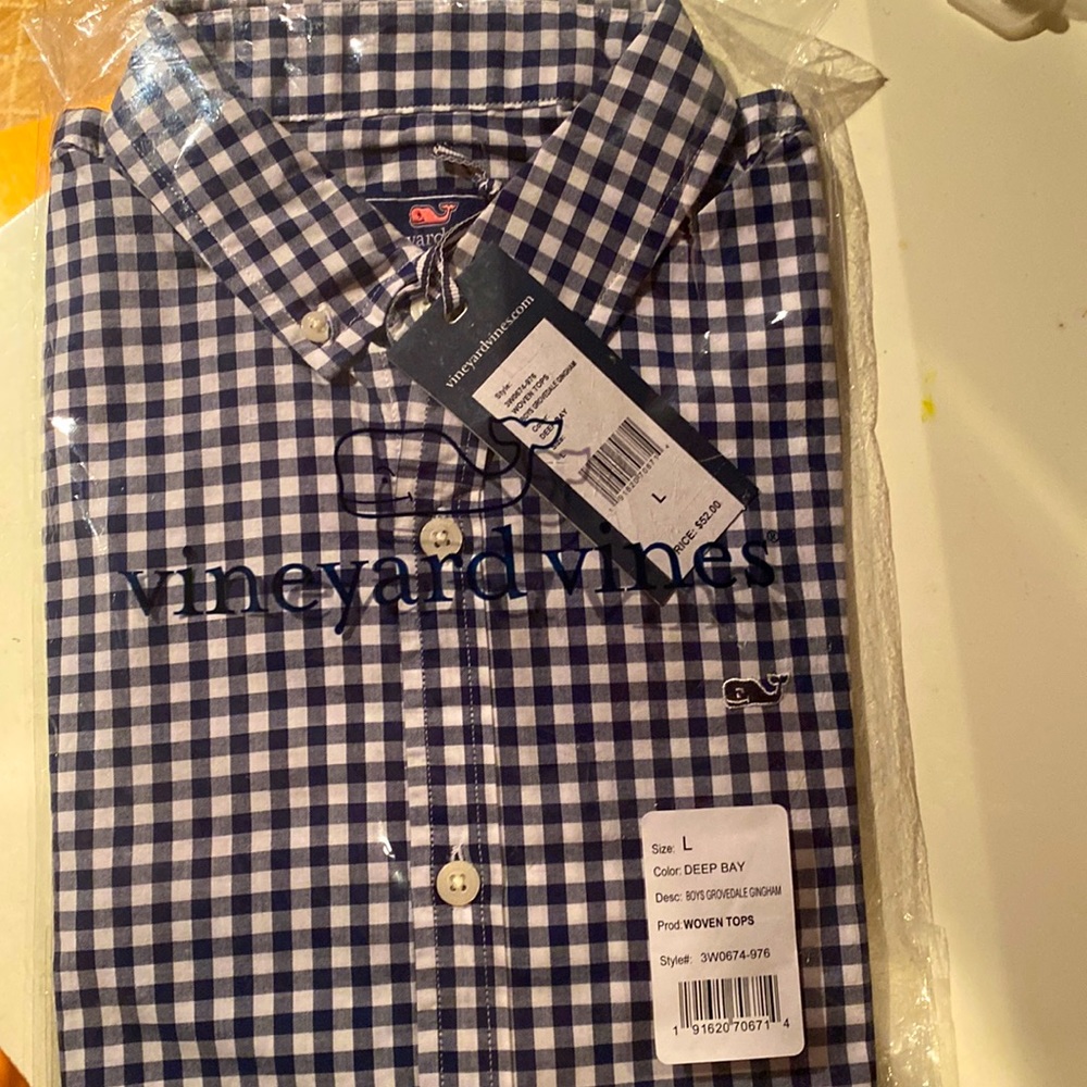 Brand-new in package boys deep Bay blue size large long sleeve button up shirt